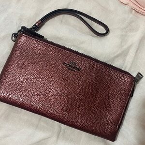 Coach Pebble Leather Burgundy Double Zip Wristlet